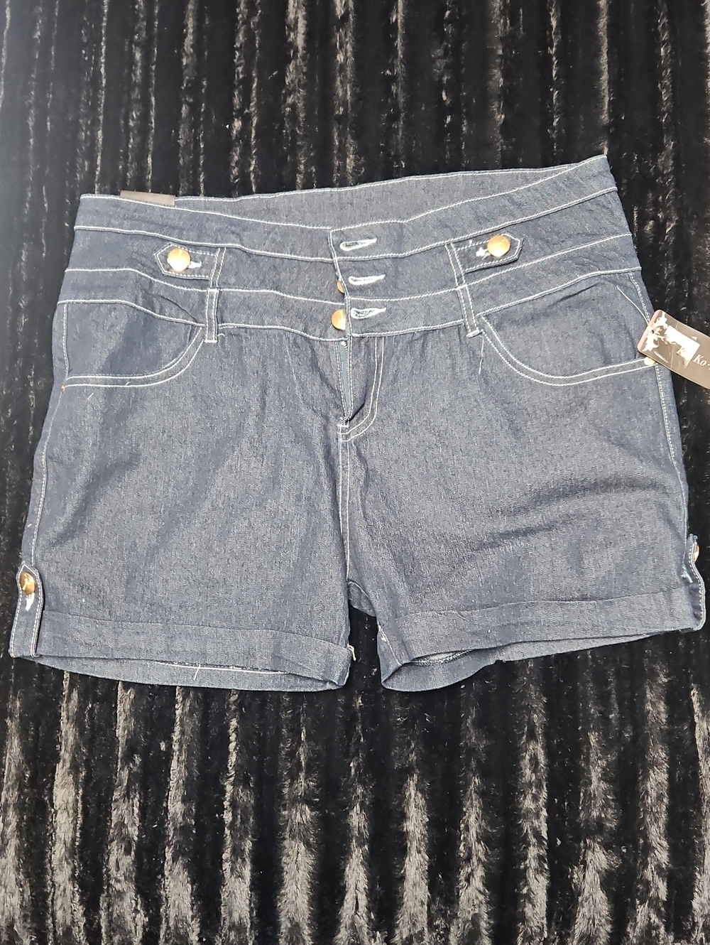 Women's Dark Blue Denim Shorts with Button Trim